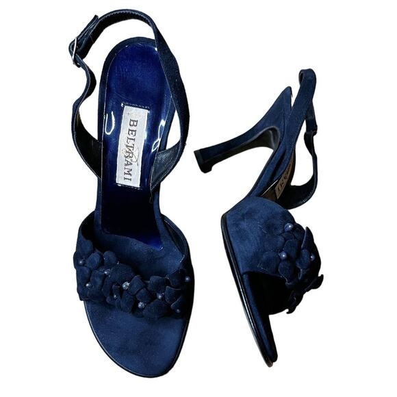 BELTRAMI Suede Sandals Navy Blue 3D Floral Design Sling Back Italy EU 38 US 7.5 - Picture 2 of 14